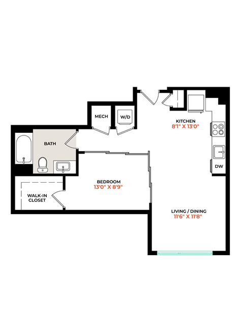 Floor plan for 1 bed, 1 bath, 634 sqft
